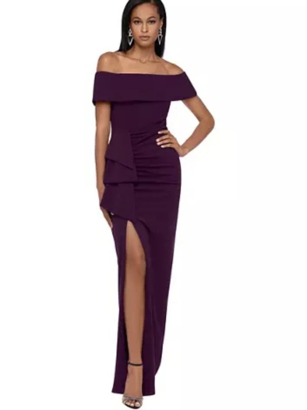 NEW Xscape Solid Side Ruched High Slit Off Shoulder Maxi Long Formal Gown Size 8